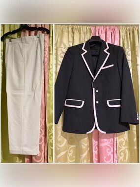 Black Blazer with White Trim and White Trousers - Contrast-Trim Sport Coat Set
